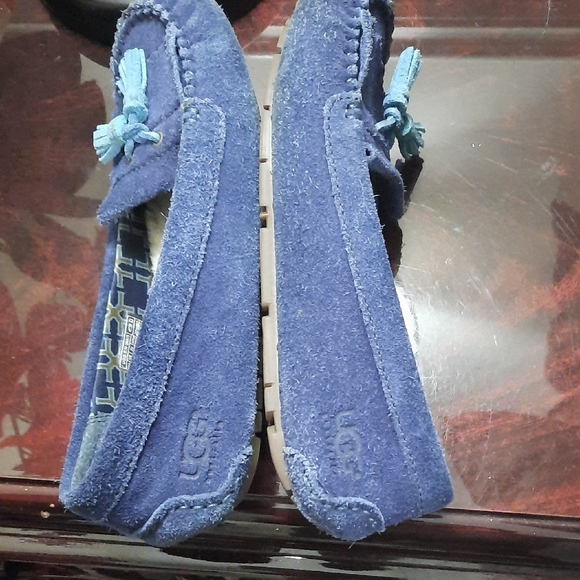 UGG Navy Suede Loafers with Light Blue Tassels - Picture 3 of 6